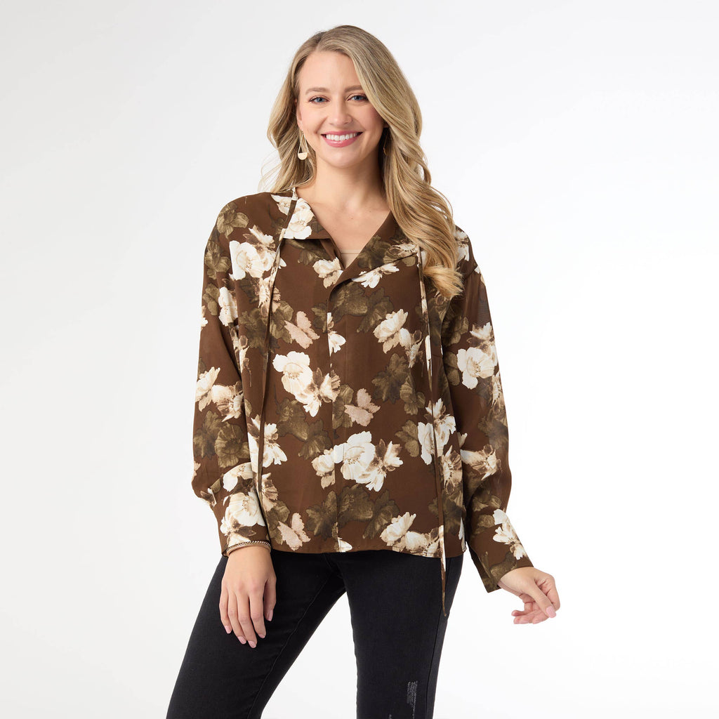Denisa Sheer Floral Print V-Neck Woven Top