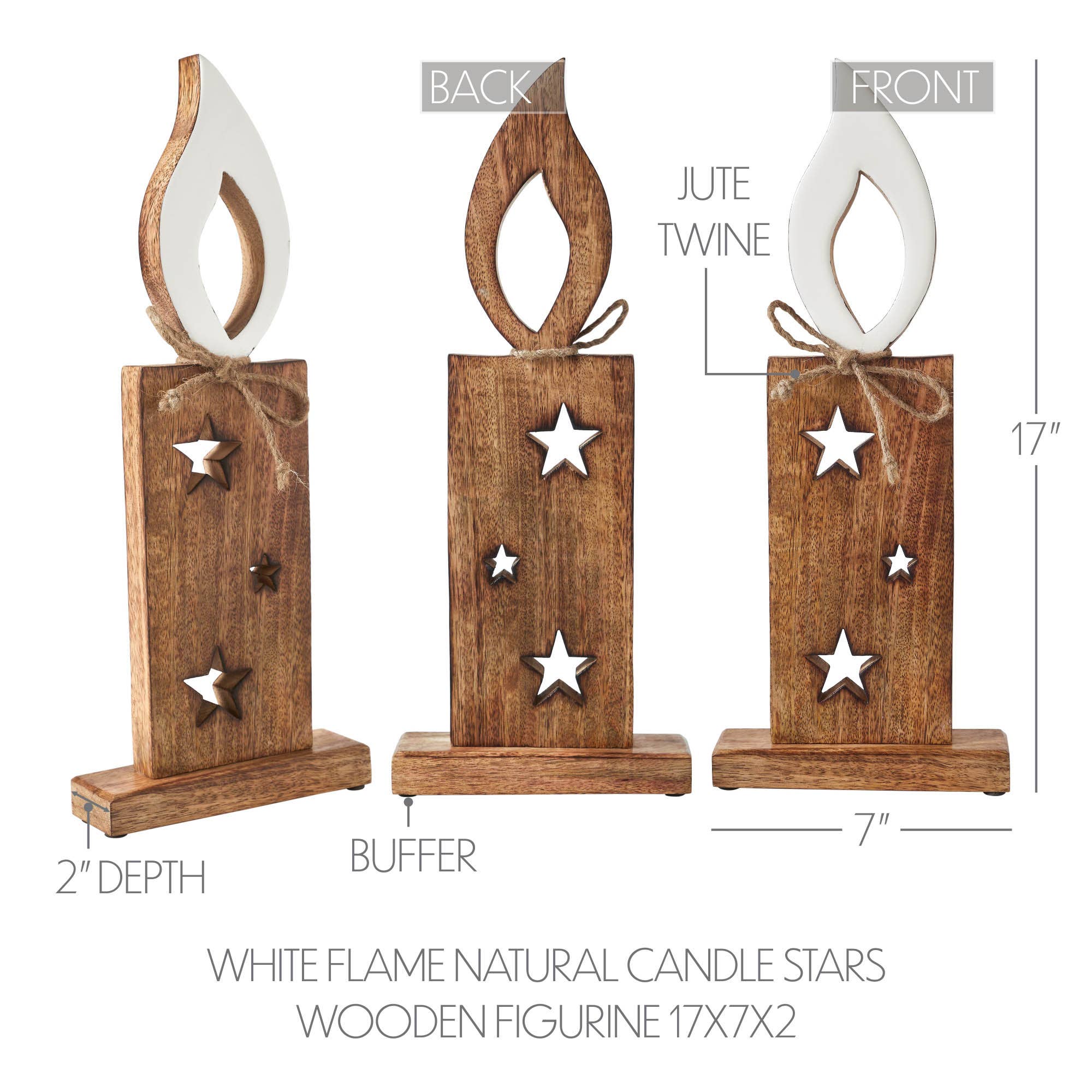 White Flame Natural Candle w/ Stars Wooden Figurine 17x7x2