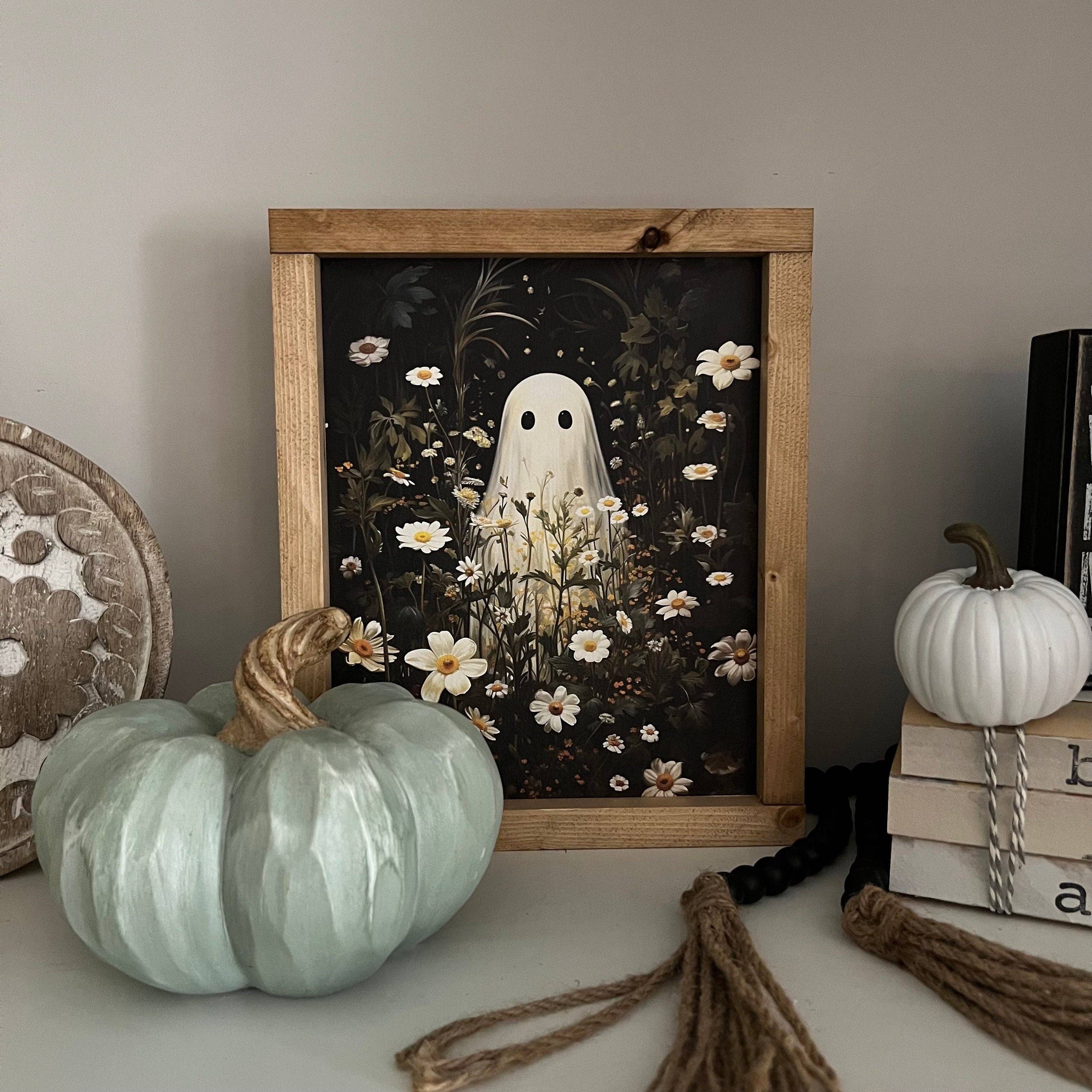 Ghost in flower field * halloween decor * friendly ghost wood sign