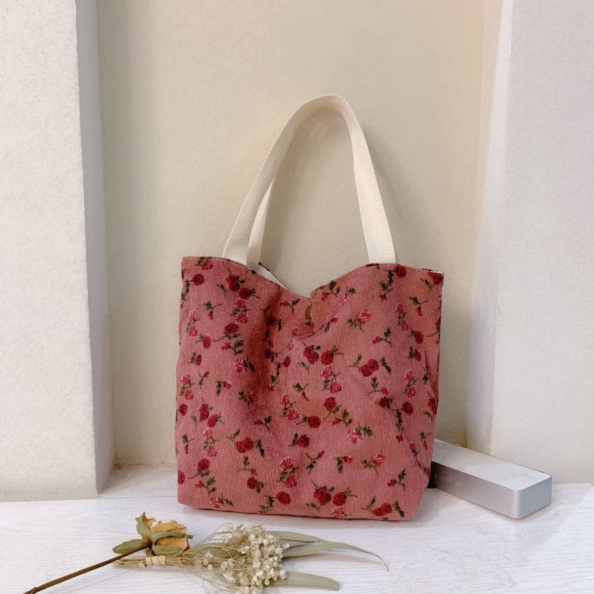 Vintage Artistic Floral Corduroy Small Tote