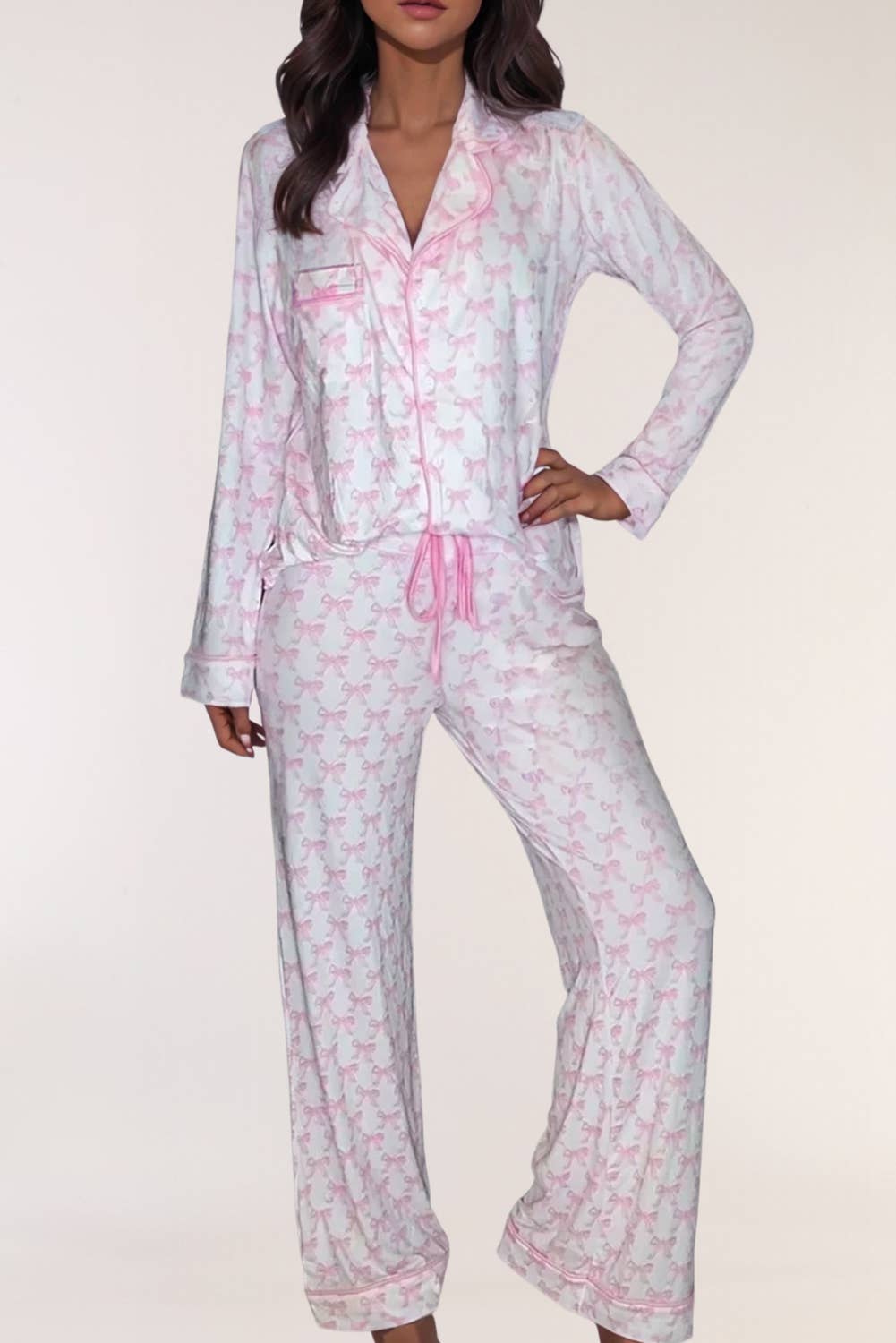 Bowknot Printed Long Sleeve Shirt and Pants Pajama Set