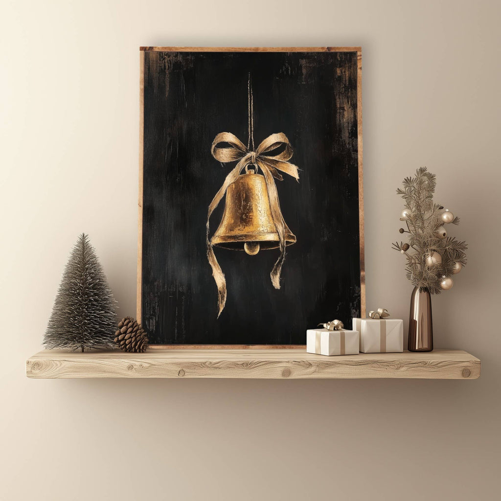 Vintage Christmas Bell Print, Framed Canvas Print