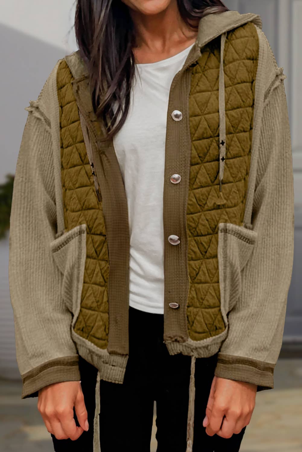 Quilted Textured Patchwork Loose Fit Hooded Jacket | S-XL