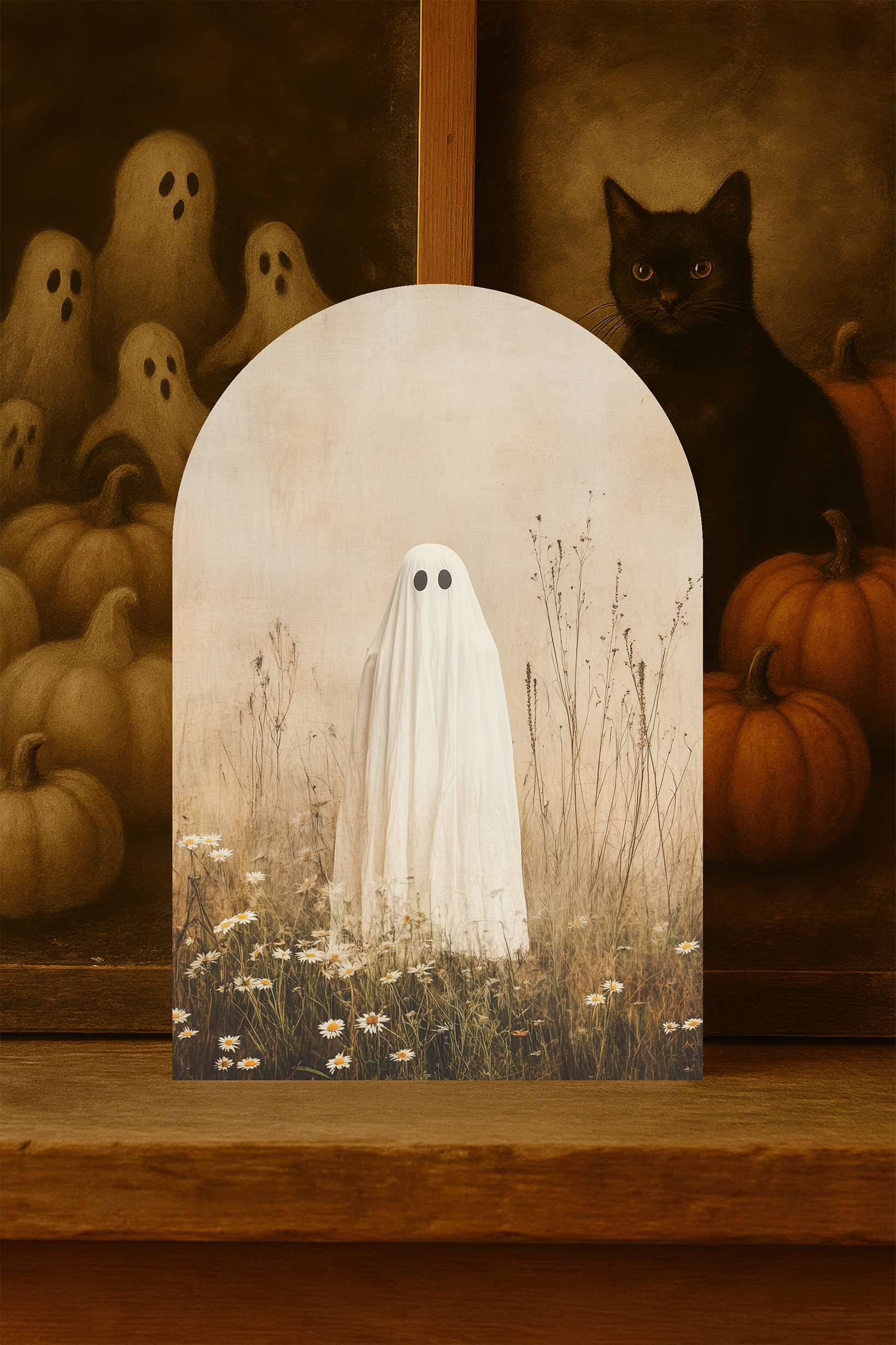 Ghost in the Wildflowers Arch Sign – Neutral Halloween Shelf