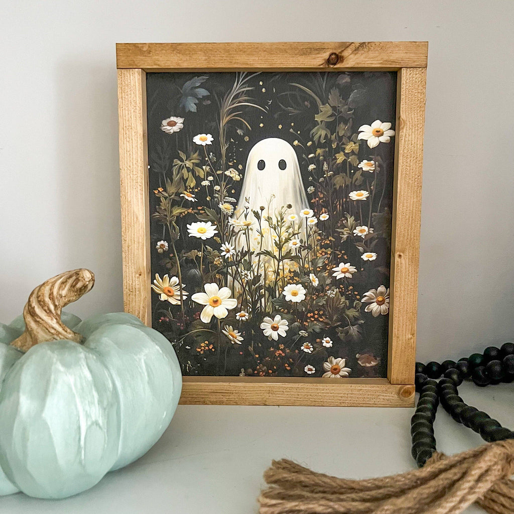 Ghost in flower field * halloween decor * friendly ghost wood sign