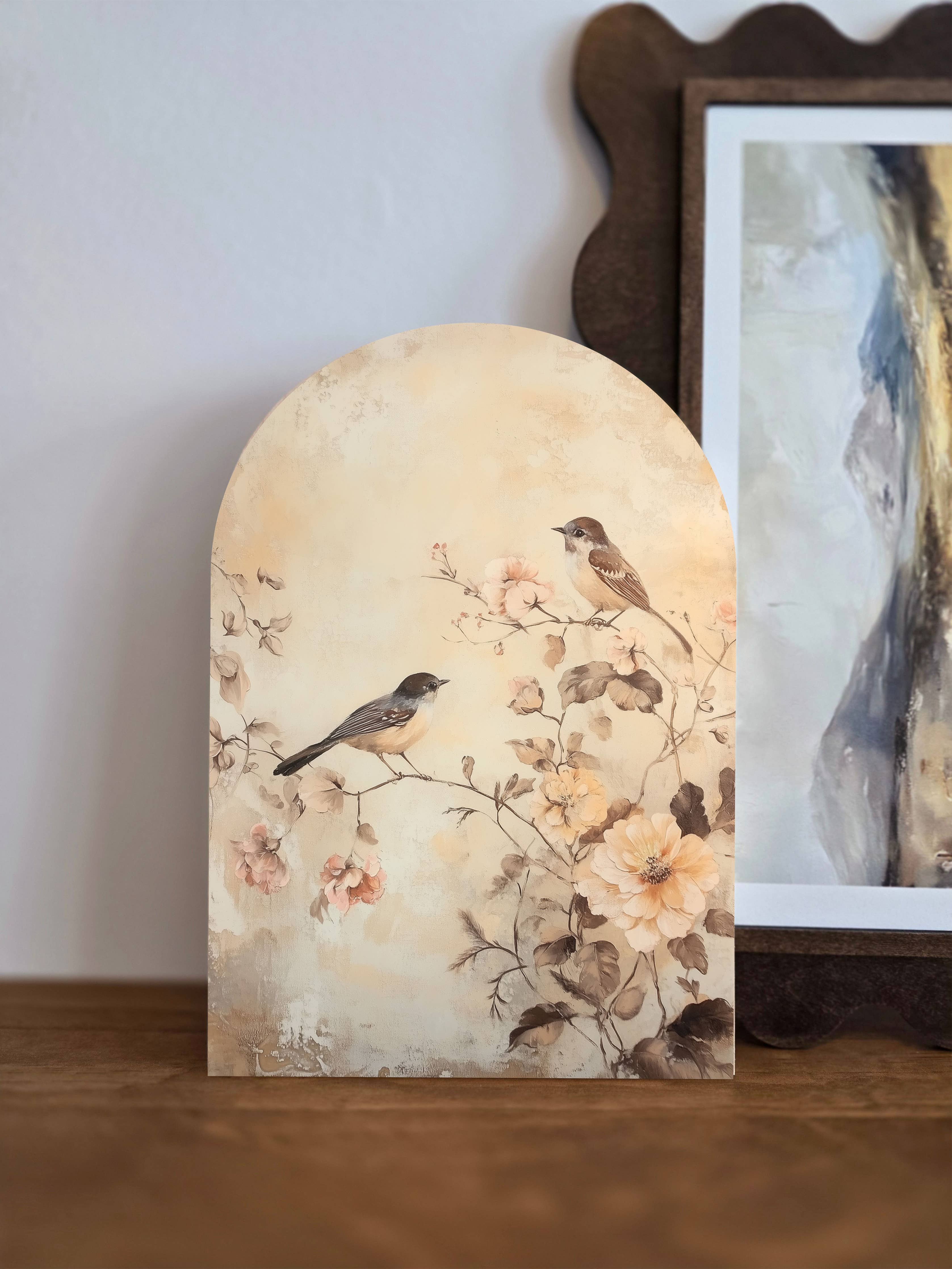 Vintage Bird Art Print - Neutral Home Decor - Wood Arch Sign