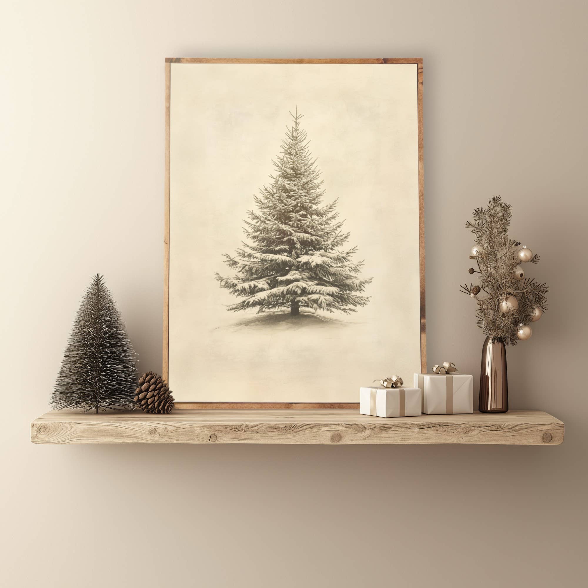 Vintage Evergreen Print, Framed Canvas, Christmas Decor