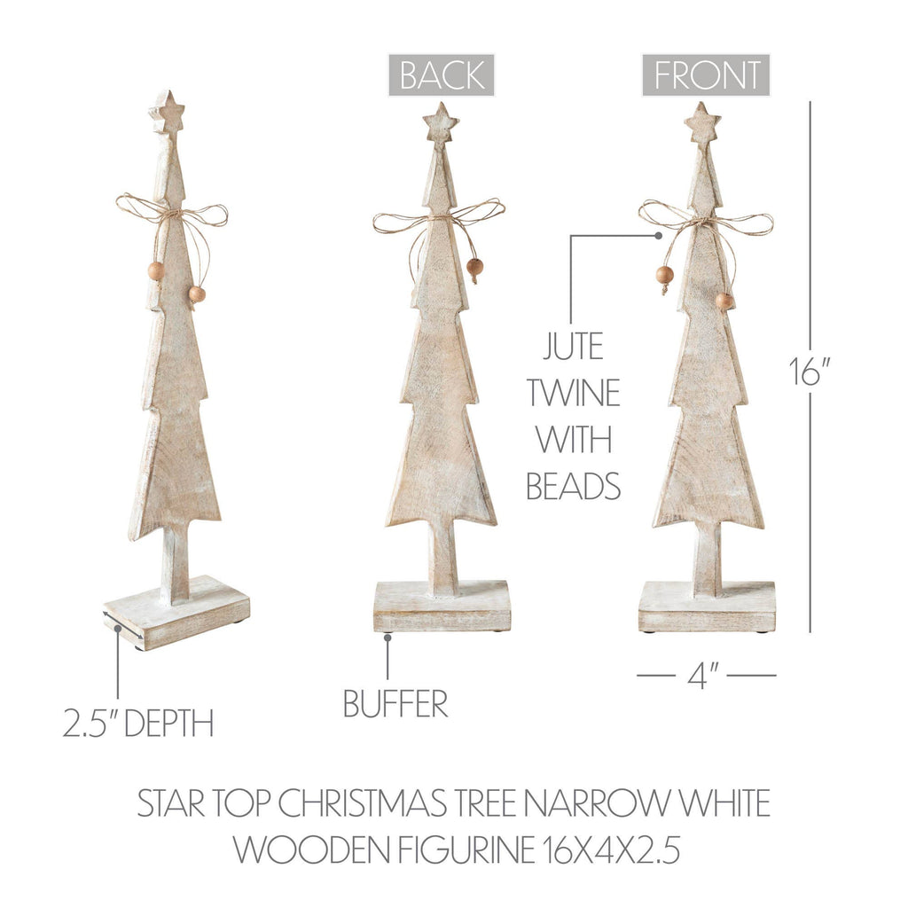 Star Top Christmas Tree Narrow White Wooden Figurine 16x4x2.5