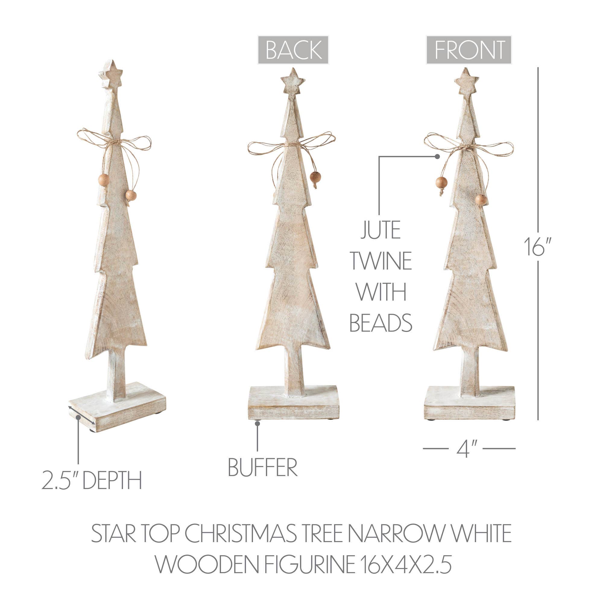 Star Top Christmas Tree Narrow White Wooden Figurine 16x4x2.5