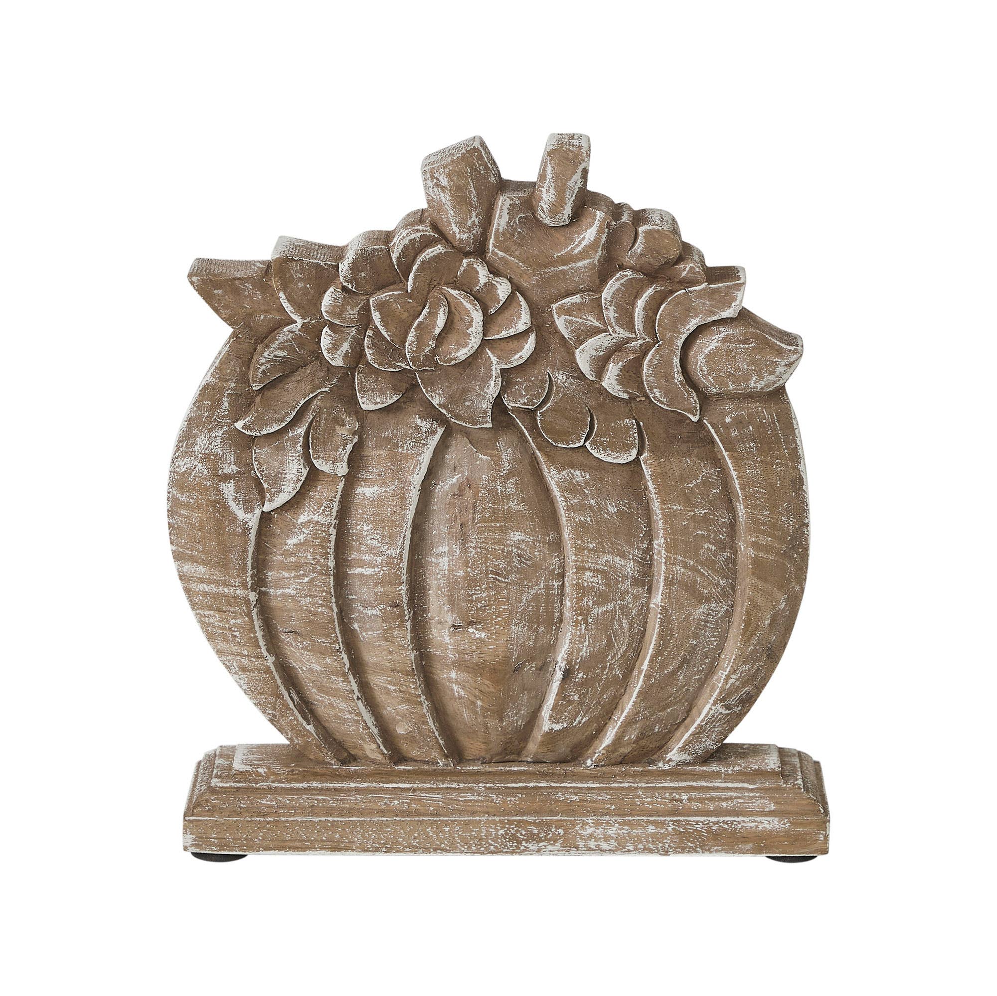 Rustic Farmhouse Carved Wooden Floral Crown Pumpkin Autumn Fall Harvest Tabletop Decor 8.5x8x2 Inch