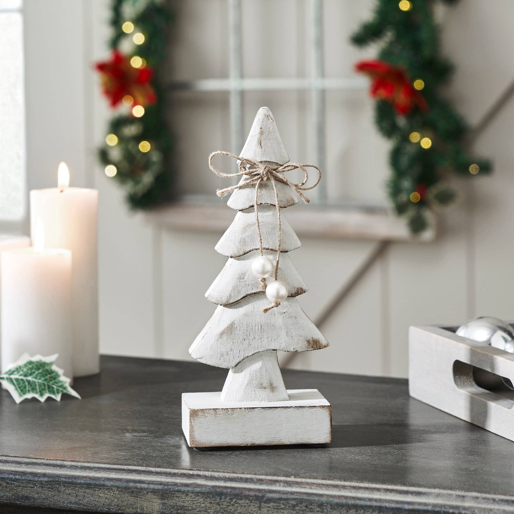 Pretty in Pearl Distressed White Wooden Tree Small 8x3.5x2.5