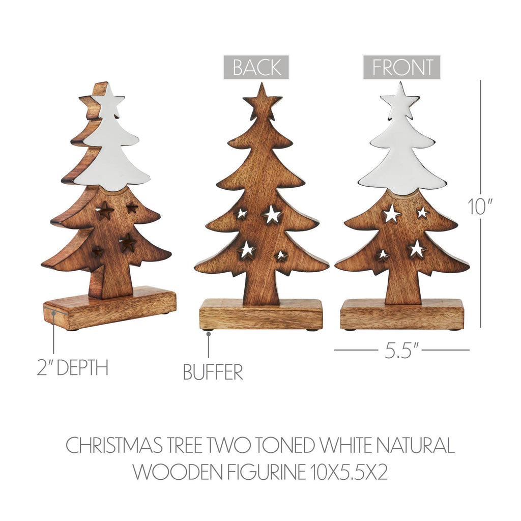 Christmas Tree Two Toned White Natural Wooden Figurine 10x5.5x2