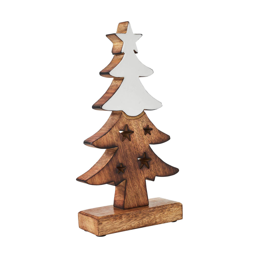 Christmas Tree Two Toned White Natural Wooden Figurine 10x5.5x2