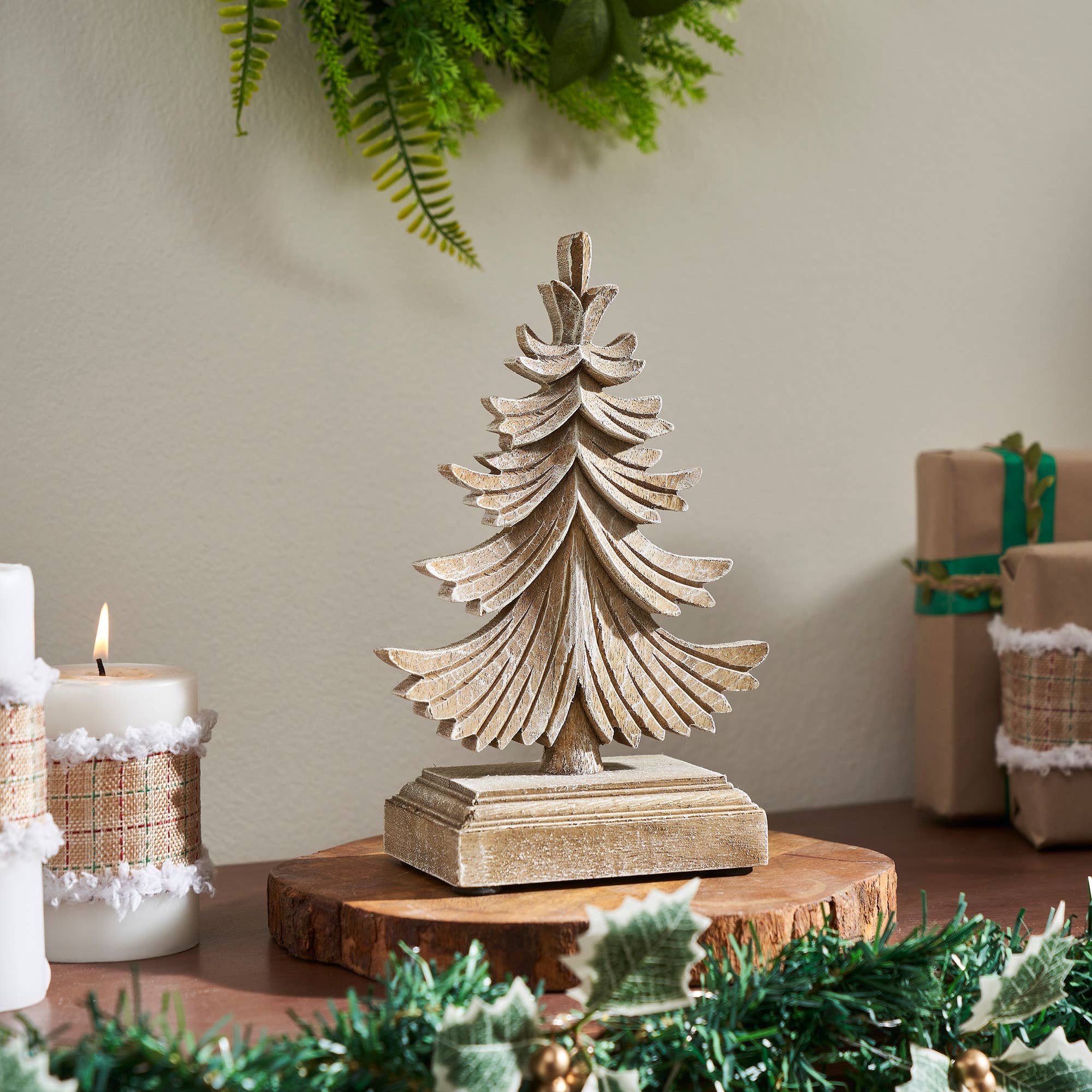 Feathered Finish Winter Pine Wooden Tree 9.75x6.25x3.5