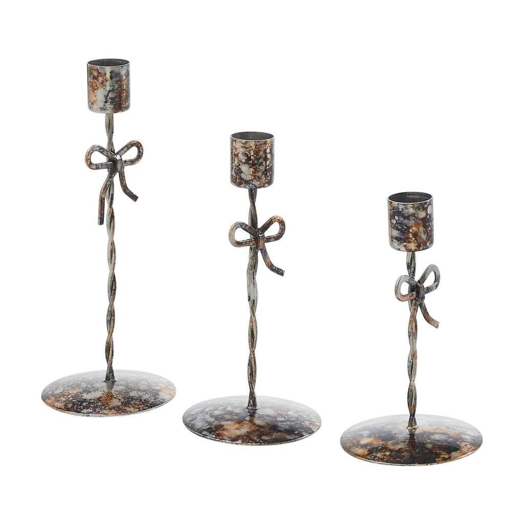 Bow Candlestick Holders Burnished Metal Set of 3 - 5.25/6.25/7.5 inch