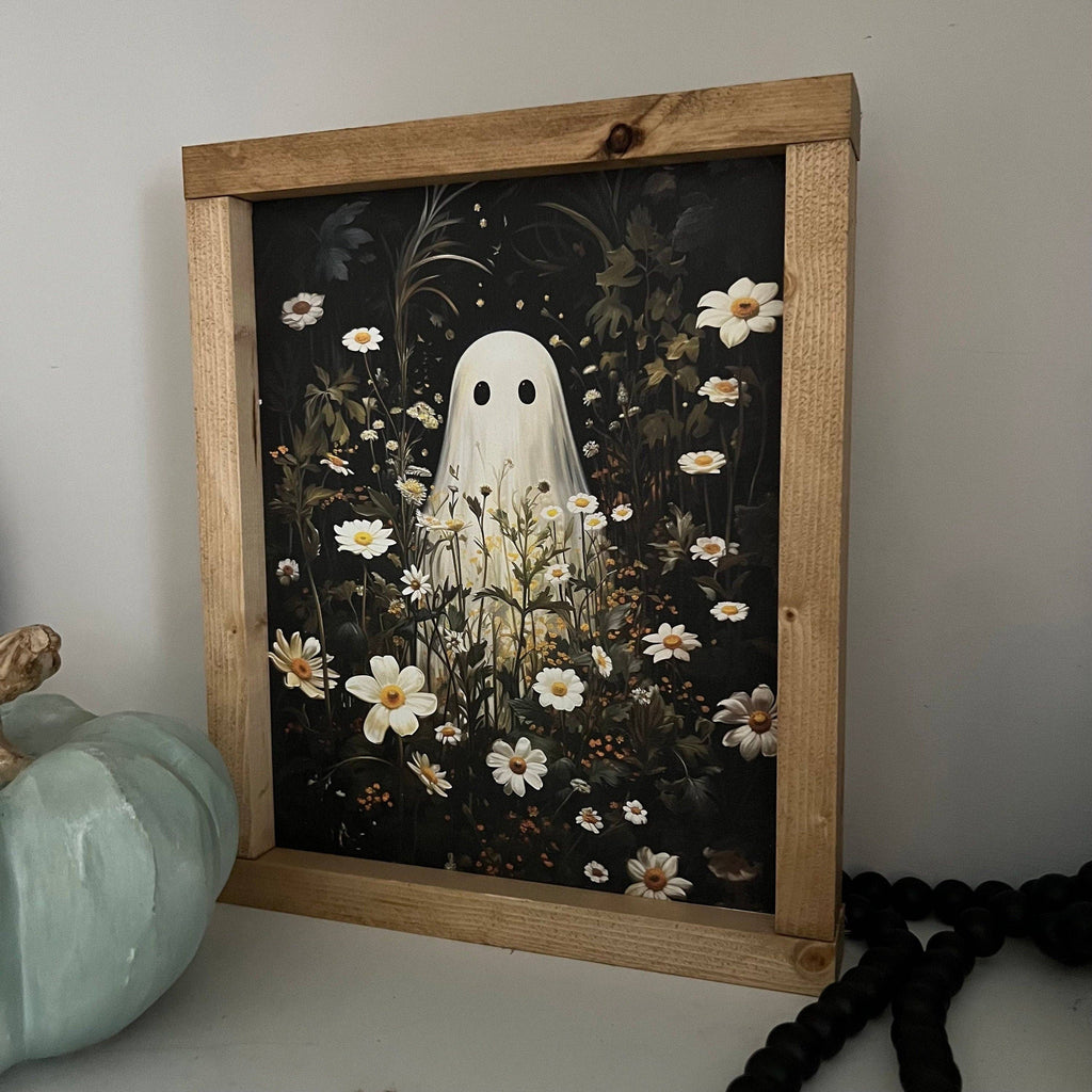 Ghost in flower field * halloween decor * friendly ghost wood sign