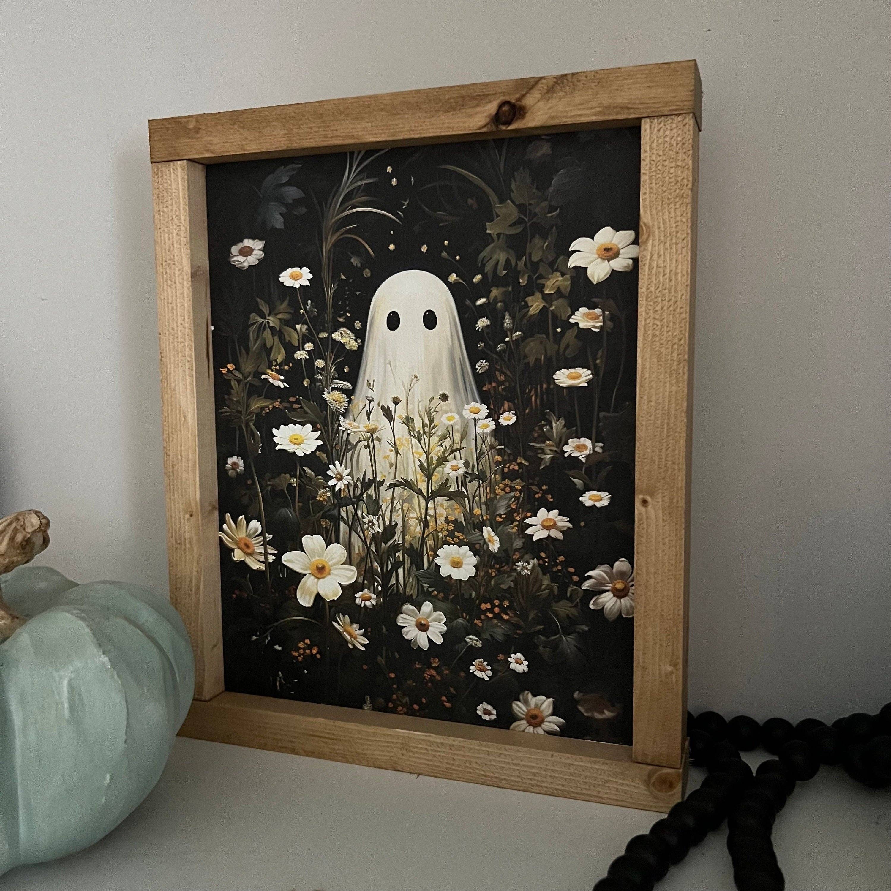 Ghost in flower field * halloween decor * friendly ghost wood sign