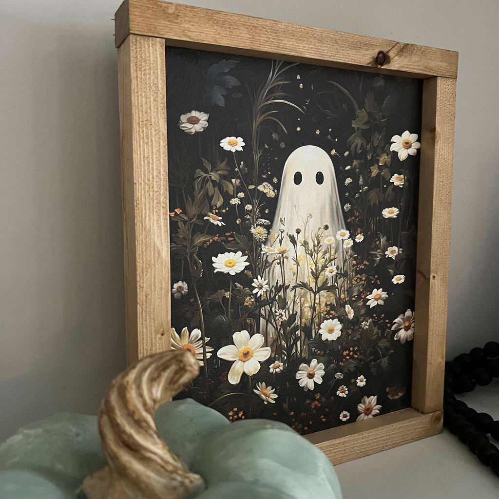 Ghost in flower field * halloween decor * friendly ghost wood sign