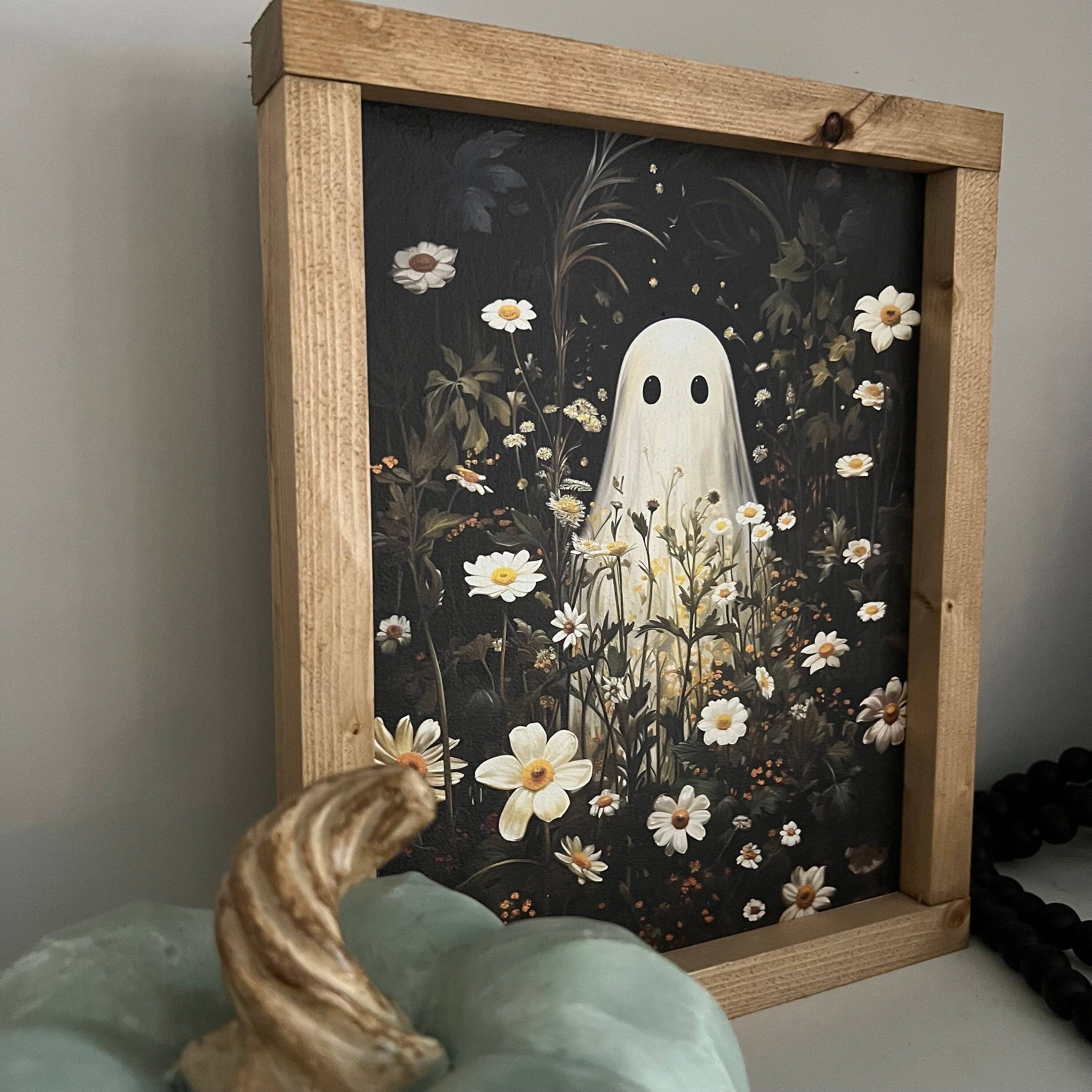 Ghost in flower field * halloween decor * friendly ghost wood sign